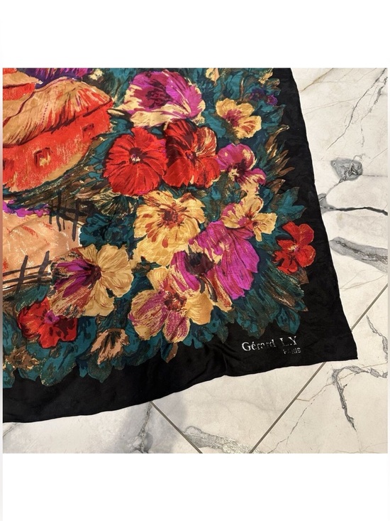 Vintage Accessories - Gerard L.Y Paris Women’s Scarf Shawl Black Floral Scenic Square